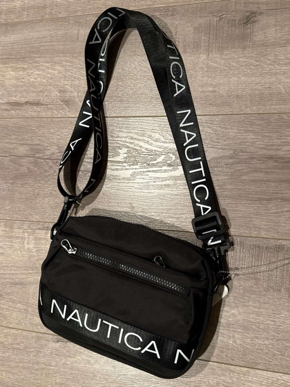 Nautica Black Crossbody Shoulder Bag with White Logo Strap
